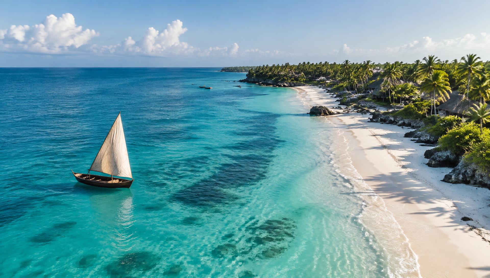 Turquoise water and white-sand beach on the Zanzibar coast with a traditional dhow