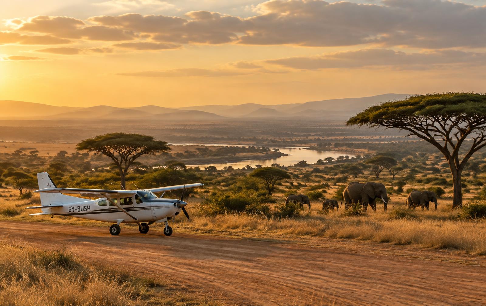 Light aircraft on a bush airstrip with elephants on the savanna