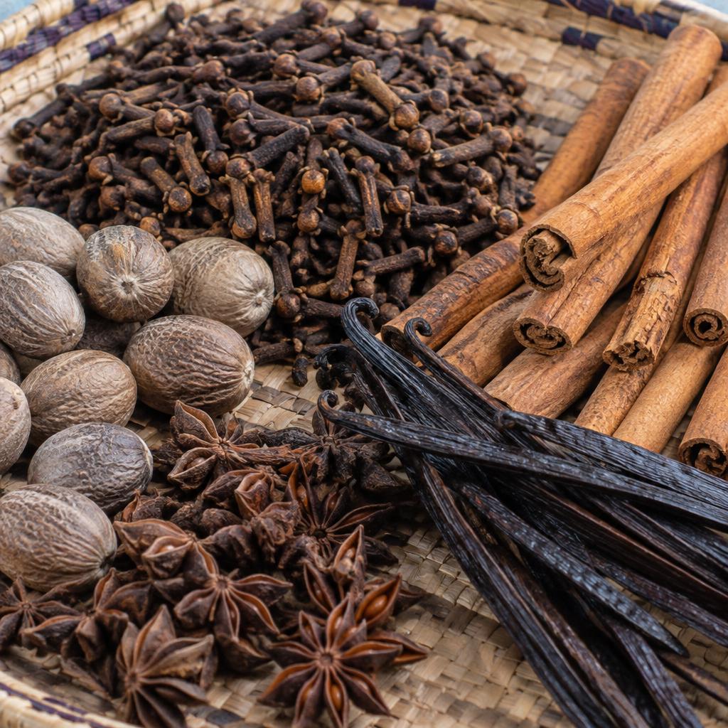Zanzibar cloves, cinnamon, nutmeg and vanilla